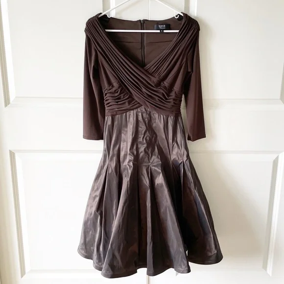 slim fit dress slacks Chocolate Brown Fit Flare Ruffle Evening Midi Dress With Belt main image 1